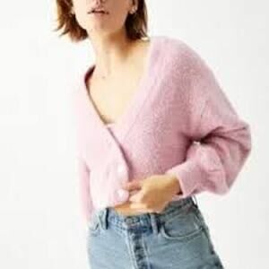 Kendall + Kylie Faux Fur Fuzzy Soft Pink Cropped Cardigan Sweater Sz XS